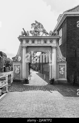 Leiden, Netherlands - July 25, 2021: The Doelen barracks in black and white. Stock Photo