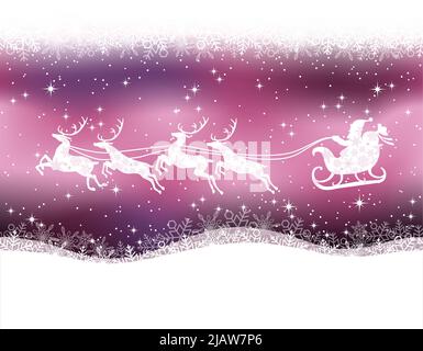 Seamless Christmas Vector Background With Flying Santa Claus And Reindeers. Horizontally Repeatable. Stock Vector