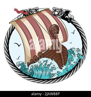 Drakkar sailing on the stormy sea in the frame of the Scandinavian wreath with a wolf head Stock Vector
