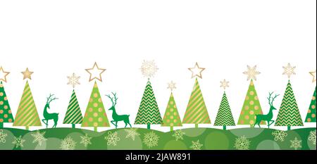 Christmas Abstract Seamless Green Forest Background Illustration With Christmas Trees And Reindeers. Vector Illustration. Horizontally Repeatable. Stock Vector