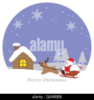 Round Winter Landscape With Santa Claus, A Reindeer, A Sleigh, And A House. Flat, Simple, And Cartoonish Style Vector Illustration. Stock Vector