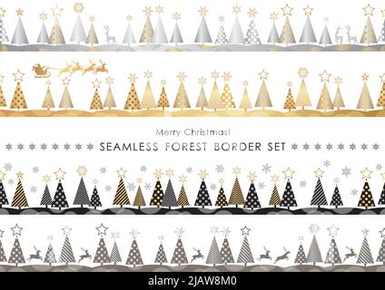Set Of Christmas Seamless Gold, Silver, And Black Vector Forest Borders, Vector Illustration. Horizontally Repeatable. Stock Vector