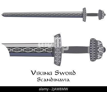 Viking sword decorated with Scandinavian pattern Stock Vector