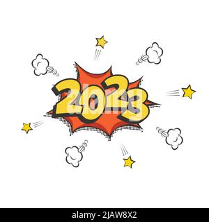 2023 New Year comic book style postcard or greeting card element. Vector winter holiday retro design Stock Vector