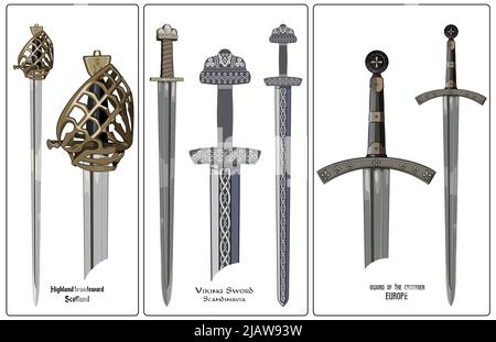 Ancient Europe weapon - set of swords. Viking's sword, sword knights crusaders, broadsword of the highlanders of Scotland. Stock Vector