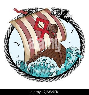Drakkar sailing on the stormy sea in the frame of the Scandinavian wreath with a wolf head Stock Vector