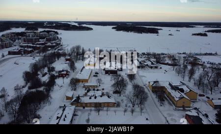 Lappeenranta Fortress filmed with a drone on a cold January day Stock Photo