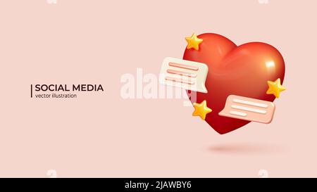 3d Social media notification. Realistic 3d design of love like heart icon in two rounded square speech bubbles. Love concept in cartoon minimal style. Vector illustration Stock Vector
