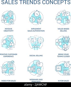 Sales trends turquoise concept icons set Stock Vector