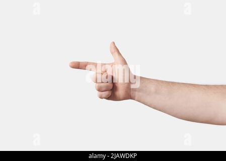 Sign finger alphabet, male hand in horizontal position with L letter isolated on white background. American sign language. Finger alphabet concept. Stock Photo