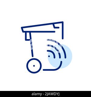 Garbage bin with wireless connection sensor. Smart city waste management. Pixel perfect, editable stroke line icon Stock Vector