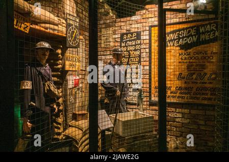 Air Raid Precautions (ARP) WWII themed wardens post diorama: Eden Camp Modern History Theme Museum, Malton, North Yorkshire, England. Stock Photo