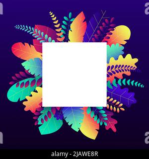 Trendy neon gradient plants and leaves background in flat style with space for text. Tropical foliage and flowers. Autumn, spring and summer nature pa Stock Vector