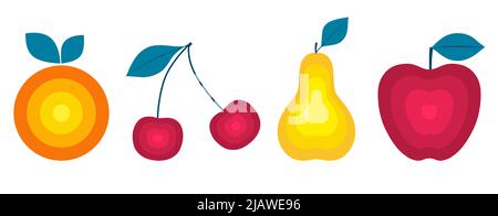 Orange, cherry, apple, pear. Set of organic fruits, vegetables and berries isolated on white background. Healthy lifestyle. Vector illustration in fla Stock Vector