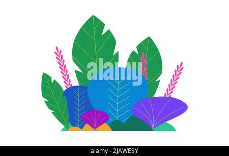 Trendy neon gradient plants and leaves background in flat style. Trees, summer and spring flowers, bushes. Forest, garden or tropical jungle backdrop. Stock Vector