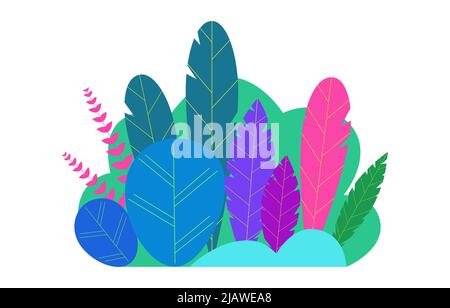 Trendy neon gradient plants and leaves background in flat style. Trees, summer and spring flowers, bushes. Forest, garden or tropical jungle backdrop. Stock Vector