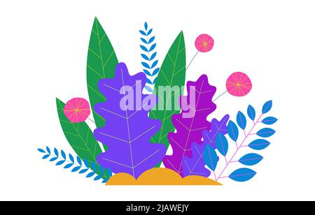 Trendy neon gradient plants and leaves background in flat style. Trees, summer and spring flowers, bushes. Forest, garden or tropical jungle backdrop. Stock Vector