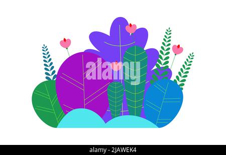 Trendy neon gradient plants and leaves background in flat style. Trees, summer and spring flowers, bushes. Forest, garden or tropical jungle backdrop. Stock Vector