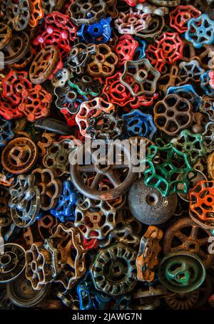Colorful metal Metal knobs for sale at the Brimfield flea market, Massachusetts Stock Photo