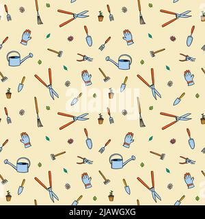 Gardening tools cartoon doodle seamless pattern. Garden hobby vector texture illustration. Stock Vector