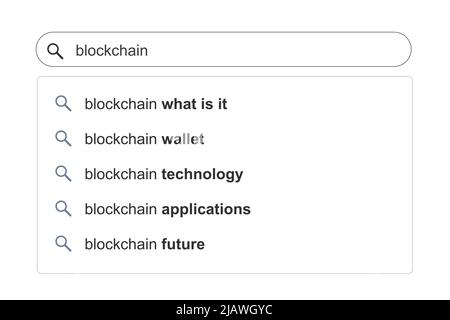 Blockchain technology search results. Blockchain topic online search autocomplete suggestions. Stock Vector