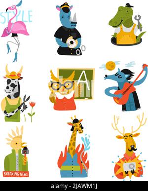 Humanized animals of different professions set with owl teacher, rhino policeman, giraffe fire fighter isolated vector illustration Stock Vector