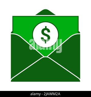 Green envelope with dollar bill inside. Receiving or sending money flat style concept illustration isolated on a white background. Stock Vector