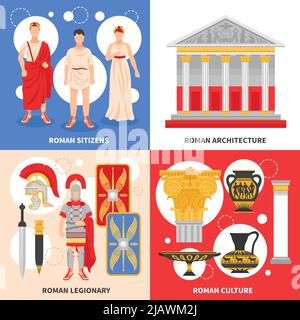 Ancient rome 4 flat icons square design concept with citizens legionary culture and architecture isolated vector illustration Stock Vector
