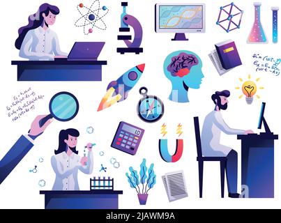 Science symbols abstract colorful icons set with young researcher behind computer atom model microscope isolated vector illustration Stock Vector