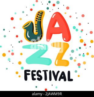 Jazz festival sign concept with colorful letters and dots on white background flat vector illustration Stock Vector