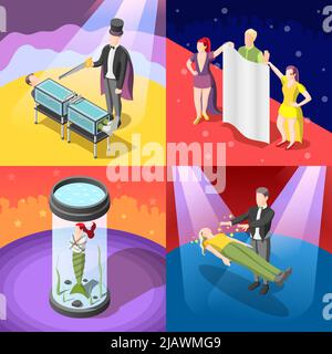 Magic show isometric concept with escape from closed water chamber, trick with sawing, levitation, isolated vector illustration Stock Vector