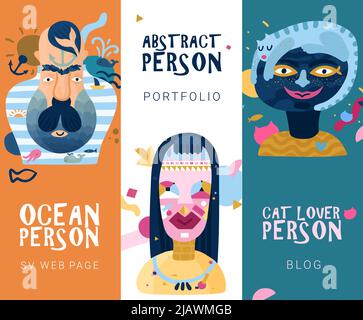 Human inner world 3 vertical abstract banners with cat lover and ocean type persons isolated vector illustration Stock Vector