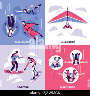 Skydiving concept icons set with hang gliding symbols flat isolated vector illustration Stock Vector