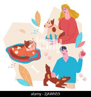 Lovely pets with their owners flat vector illustration isolated on white. Banner layout for vet services and stores with domestic cats and dogs. Banne Stock Vector