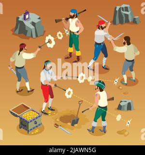 Pirates game isometric composition with men during fight on sand background with bullet holes vector illustration Stock Vector
