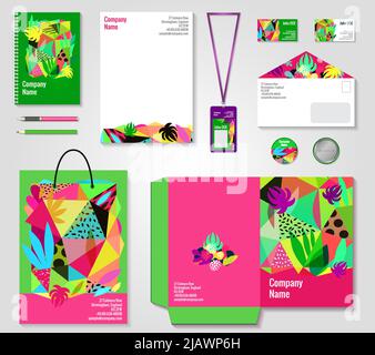 Floral corporate identity bright colorful modern templates collection with badge bag pen and documents folder vector illustration Stock Vector