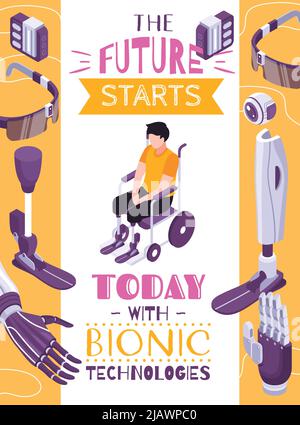 Bionic prosthesis concept isometric composition poster with robotic limbs for specific activities brain controlled eye vector illustration Stock Vector
