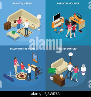 Family issues isometric design concept with quarrels, parental violence, disagreement, conflict, isolated on blue background vector illustration Stock Vector