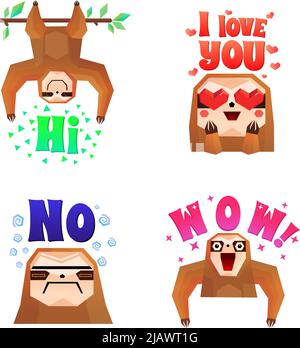 Sloth 4 funny cartoon character icons set with wow love no and hi colorful letters isolated vector illustration Stock Vector