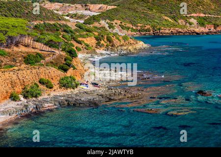 Spiaggia di Bega sa Canna (Porto Flavia) beach close to Porto Flavia, Sardinia, Italy. Stock Photo