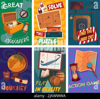 Quest game reality cards set, solving puzzle, find way out, journey, great seafarers isolated vector illustration Stock Vector