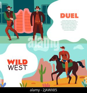 Wild west cowboy banners collection of two horizontal compositions with editable text and flat vintage scenery images vector illustration Stock Vector