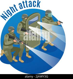 Military special forces with weapons and protective equipment during night attack on blue background isometric vector illustration Stock Vector