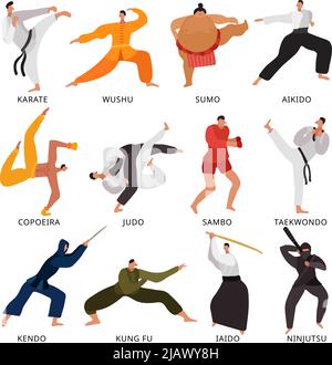 Set of flat icons fighters of various martial arts in uniform with weapon isolated vector illustration Stock Vector