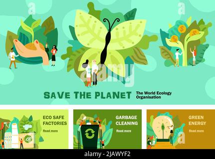 Environmental restoration set of horizontal banners with green energy garbage cleaning eco safe factory isolated vector illustration Stock Vector