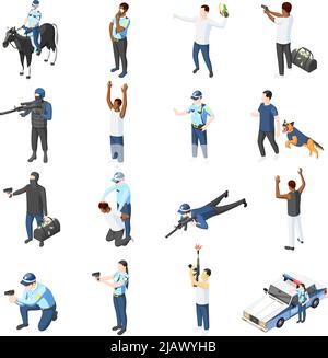 Gangs and police isometric icons set of officer with weapons training patrolling chasing criminal isolated vector illustration Stock Vector