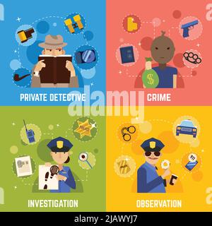 Private detective concept icons set with crime symbols flat isolated vector illustration Stock Vector