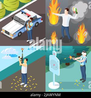 Gangs and police 2x2 design concept set of protester with molotov cocktail bottle and policeman training in target shooting isometric vector illustrat Stock Vector