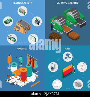 Textile industry isometric design concept with conceptual icons and pictograms with sewing spools and stitching needles vector illustration Stock Vector