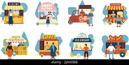 Street food icons set with sellers and buyers symbols flat isolated vector illustration Stock Vector